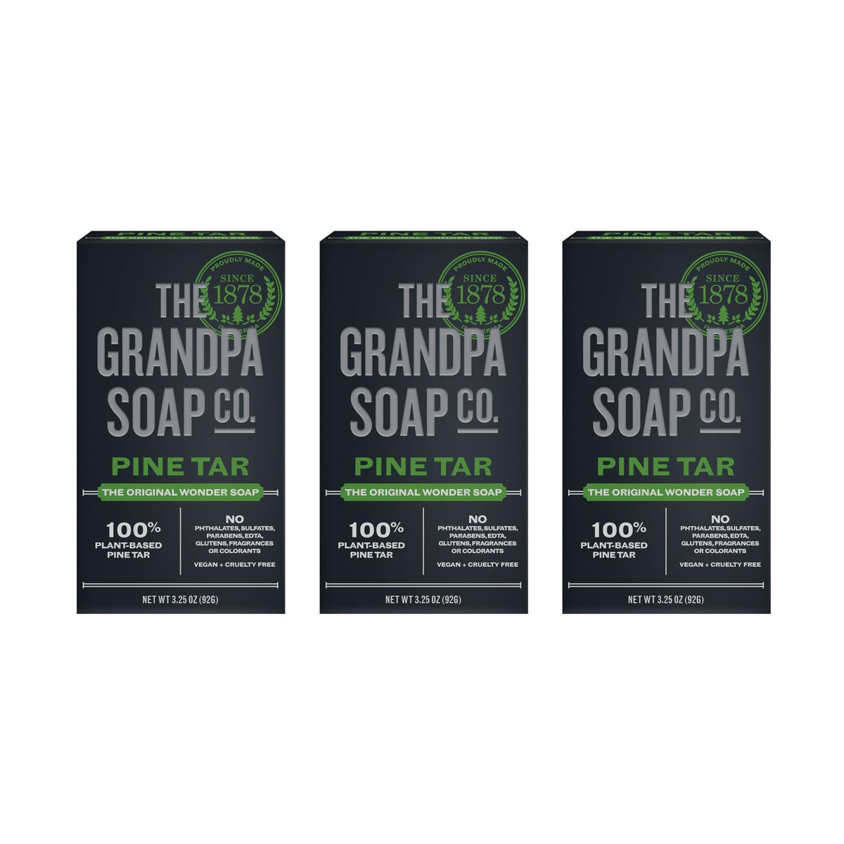 The Grandpa Soap Company front packaging showing the pine tar bar and benefit of natural cleansing