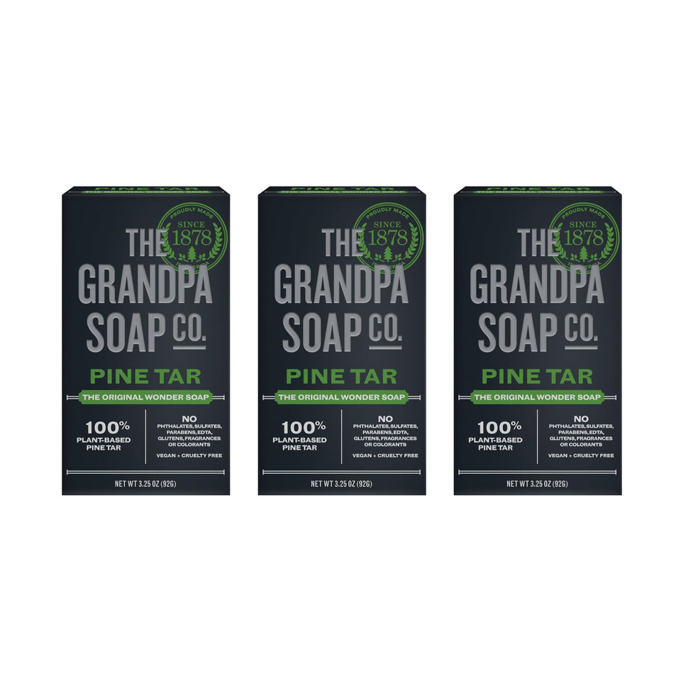 The Grandpa Soap Company front packaging showing the pine tar bar and benefit of natural cleansing