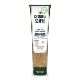 The Grandpa Soap Company front tube showing pine tar body wash and woodsy scent benefits