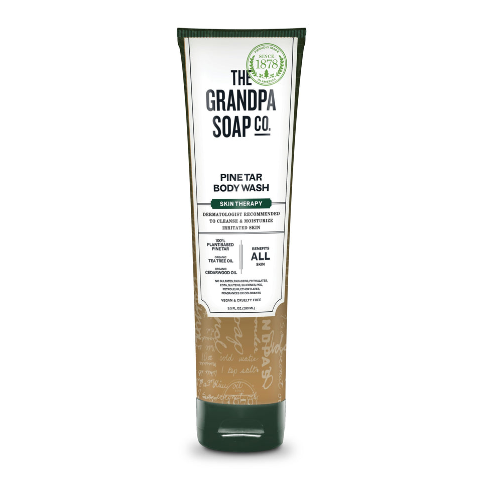 The Grandpa Soap Company front tube showing pine tar body wash and woodsy scent benefits