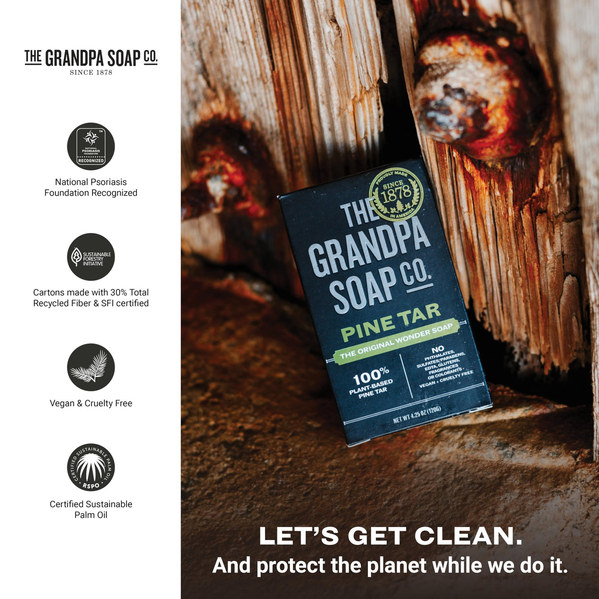 Grandpa Soap Company label detail with ingredient highlights showing transparency and safety
