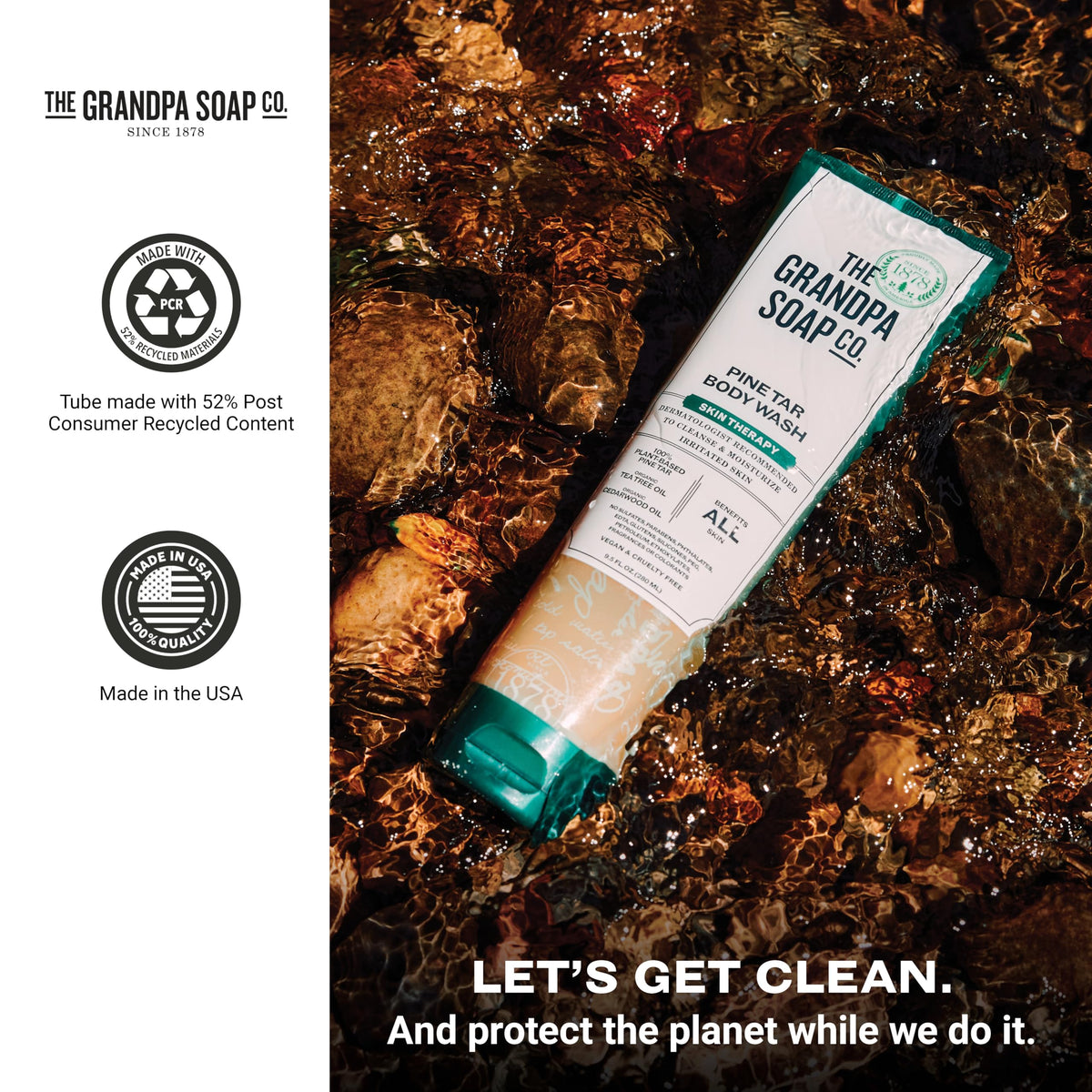 Shower scene with Grandpa Soap Company tube illustrating daily cleansing and refreshing aroma
