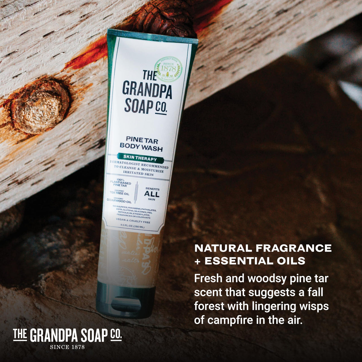 Size comparison of Grandpa Soap Company 9.5 fl oz tube in a hand for scale and portability