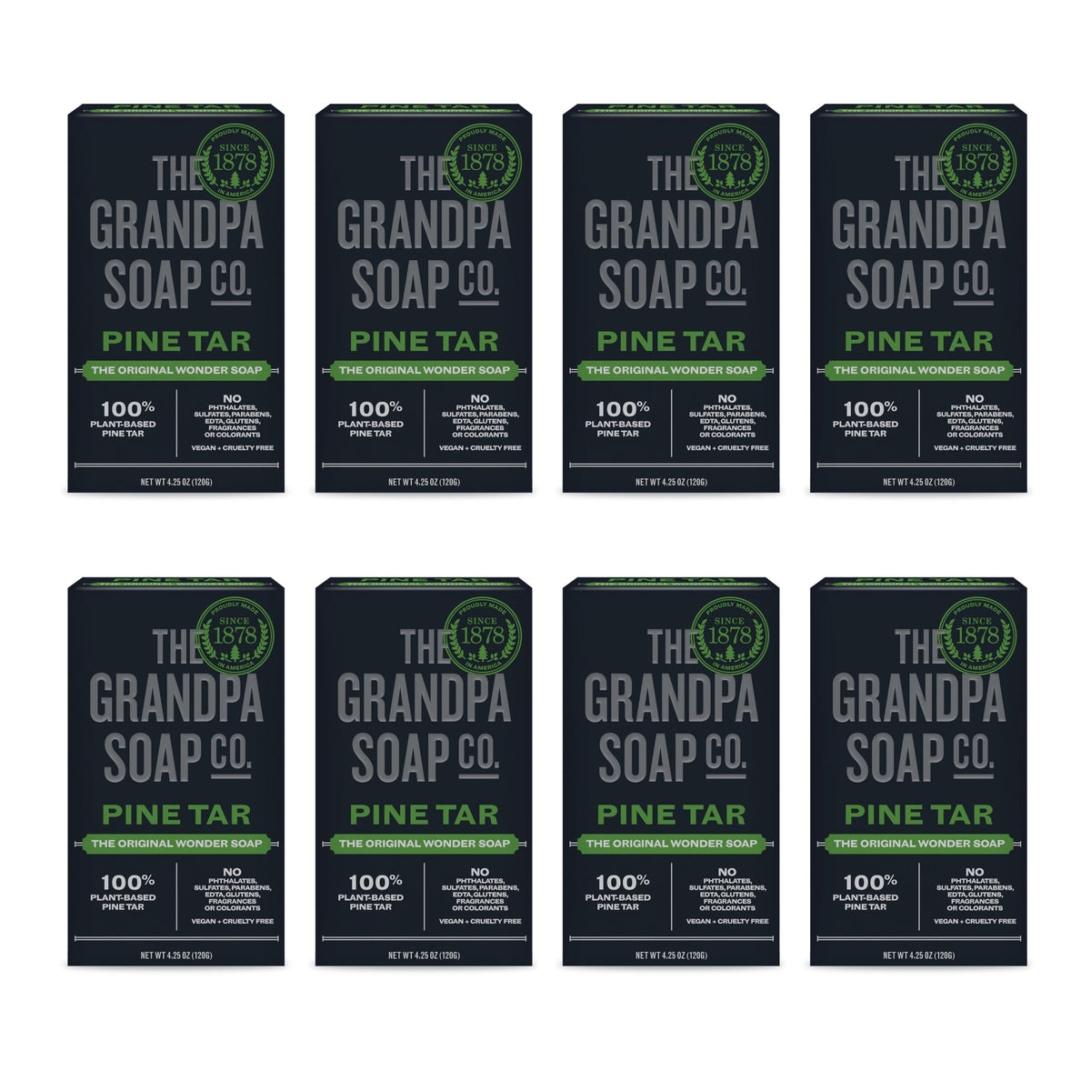 The Grandpa Soap Company front packaging showing eight pine tar bars and clear branding benefit: lasting supply
