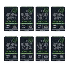The Grandpa Soap Company front packaging showing eight pine tar bars and clear branding benefit: lasting supply