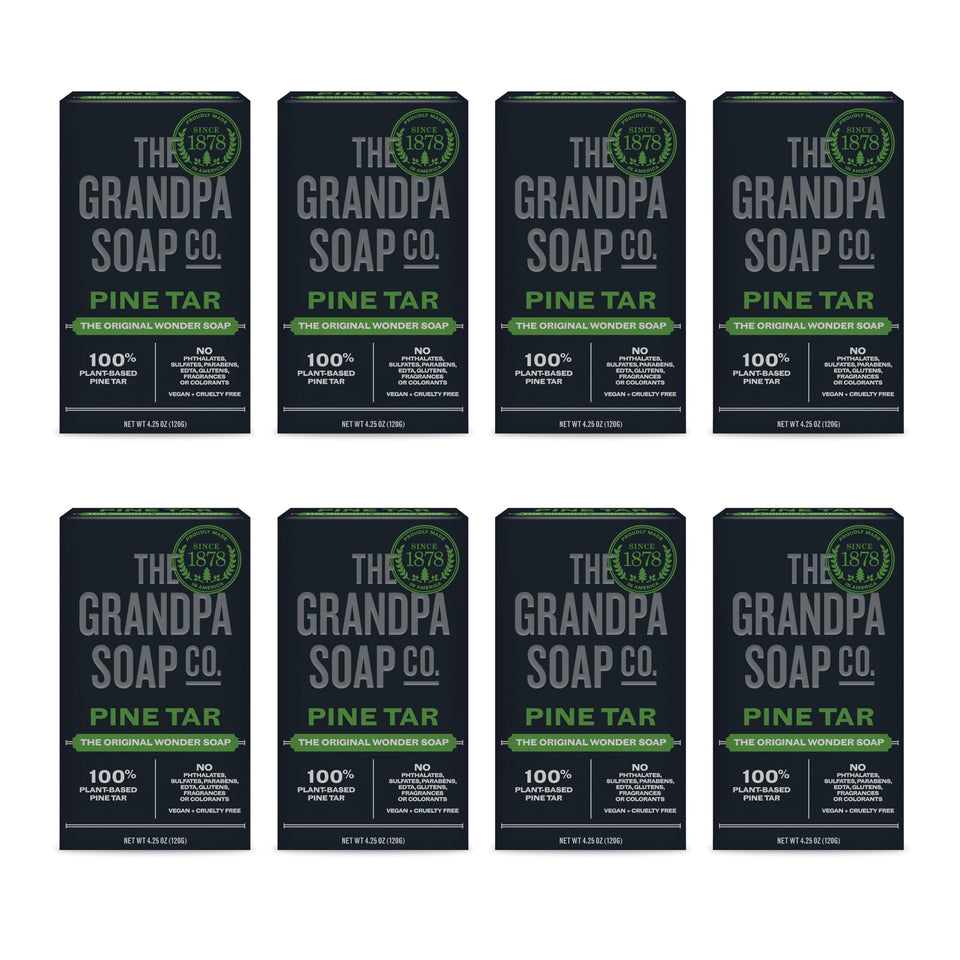 The Grandpa Soap Company front packaging showing eight pine tar bars and clear branding benefit: lasting supply