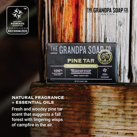Product label and ingredient panel of The Grandpa Soap Company pine tar bar highlighting clean formulation benefits