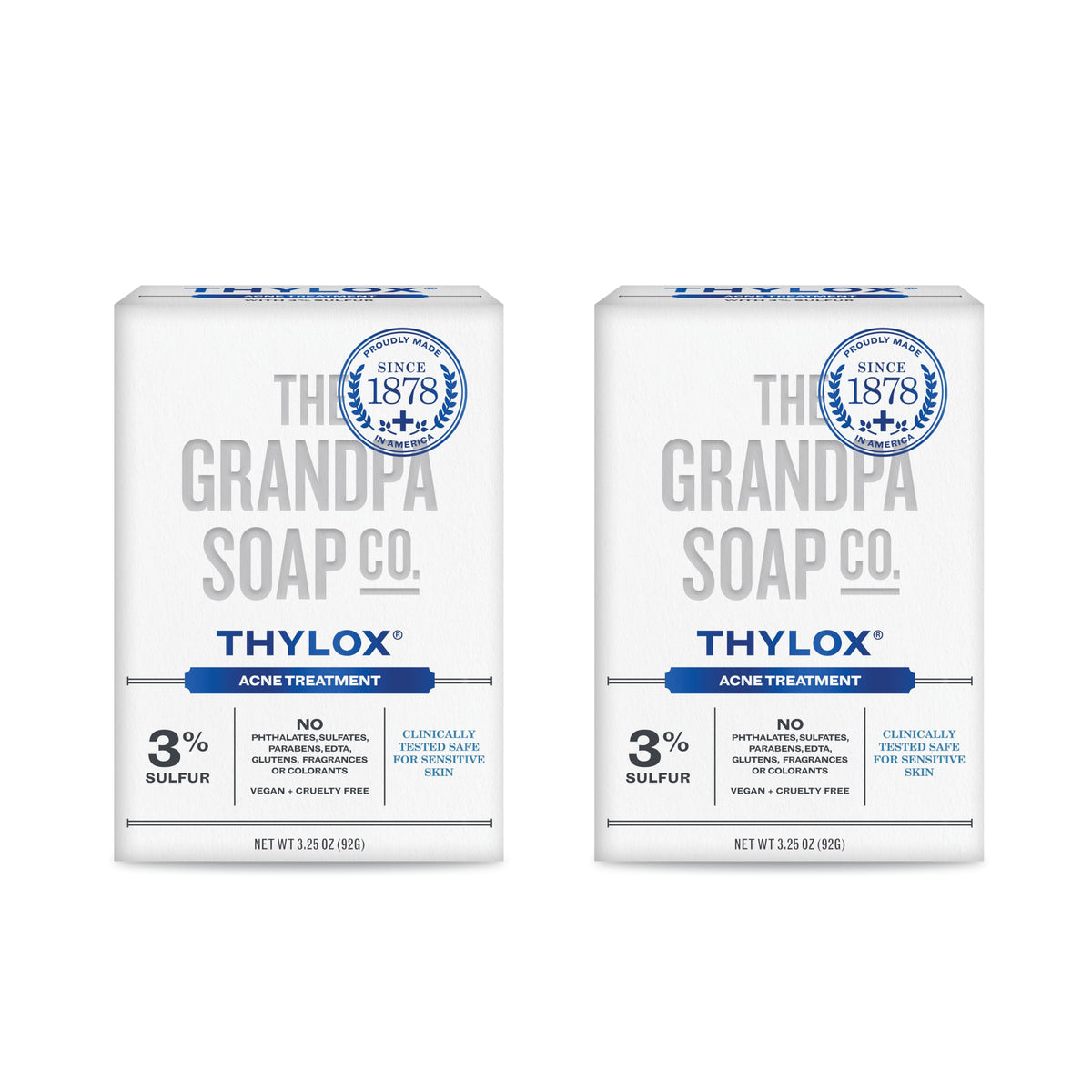 The Grandpa Soap Company Thylox front packaging shows clean branding and sulfur acne focus