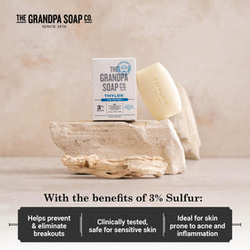 Thylox ingredient label close-up showing natural sulfur and clean formulation benefits