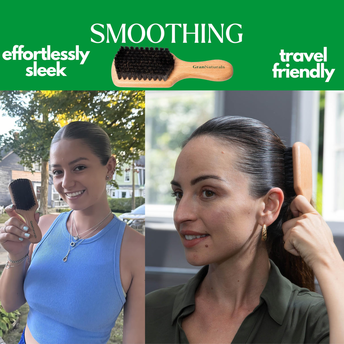 GranNaturals brush being used in hand to smooth hair for a sleek look