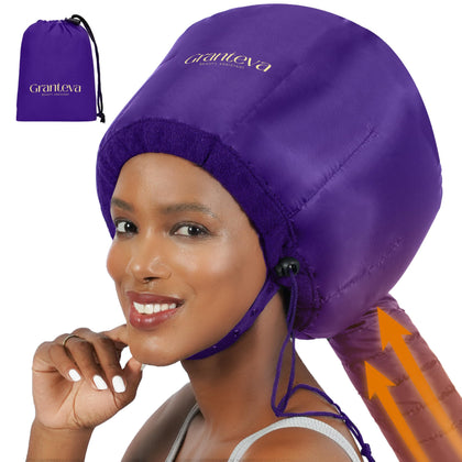 Granteva front view of purple bonnet dryer attachment showing full coverage and hands-free benefit