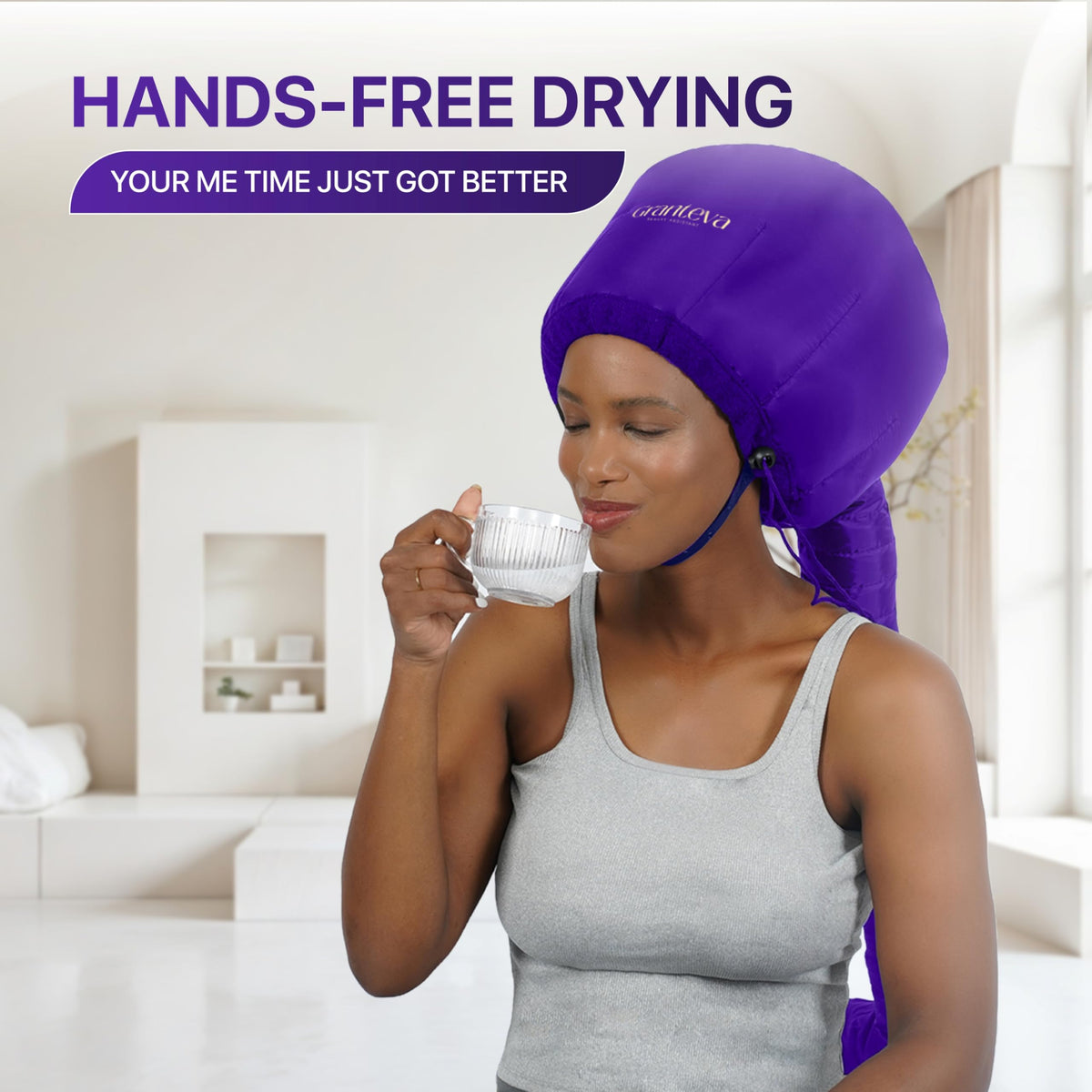 Granteva bonnet worn by model in a bathroom setting demonstrating hands-free drying convenience