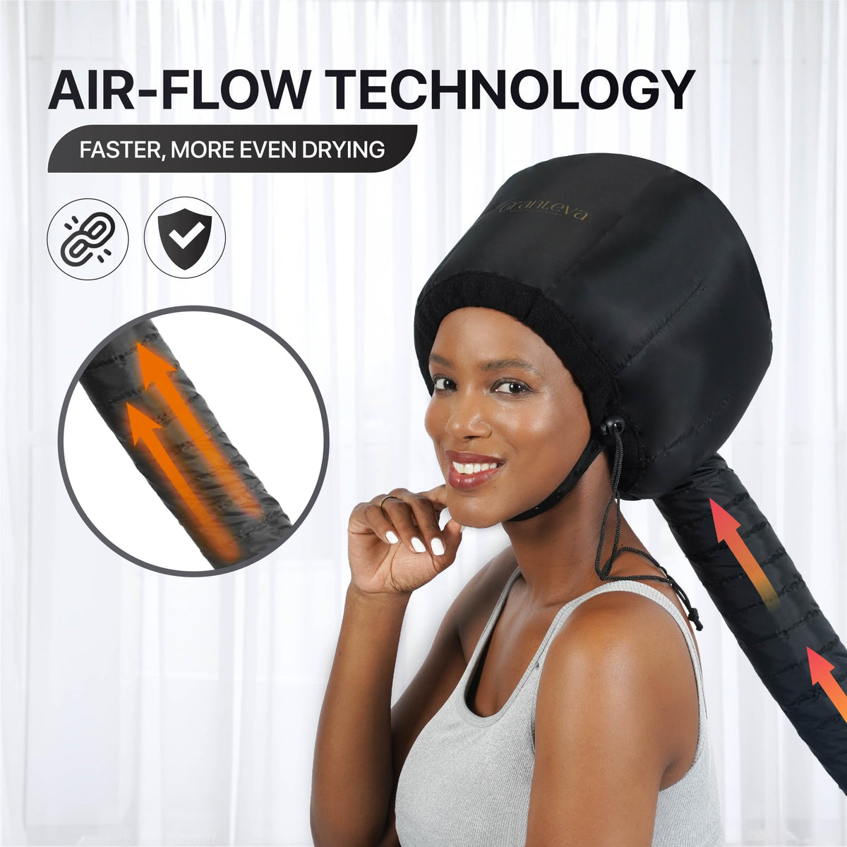 Granteva long hose and Velcro connection for flexible, even airflow