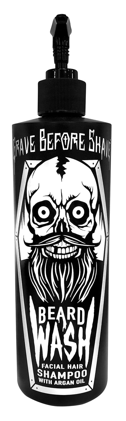Grave Before Shave pump-top bottle front view showing label and size, clear grooming benefit