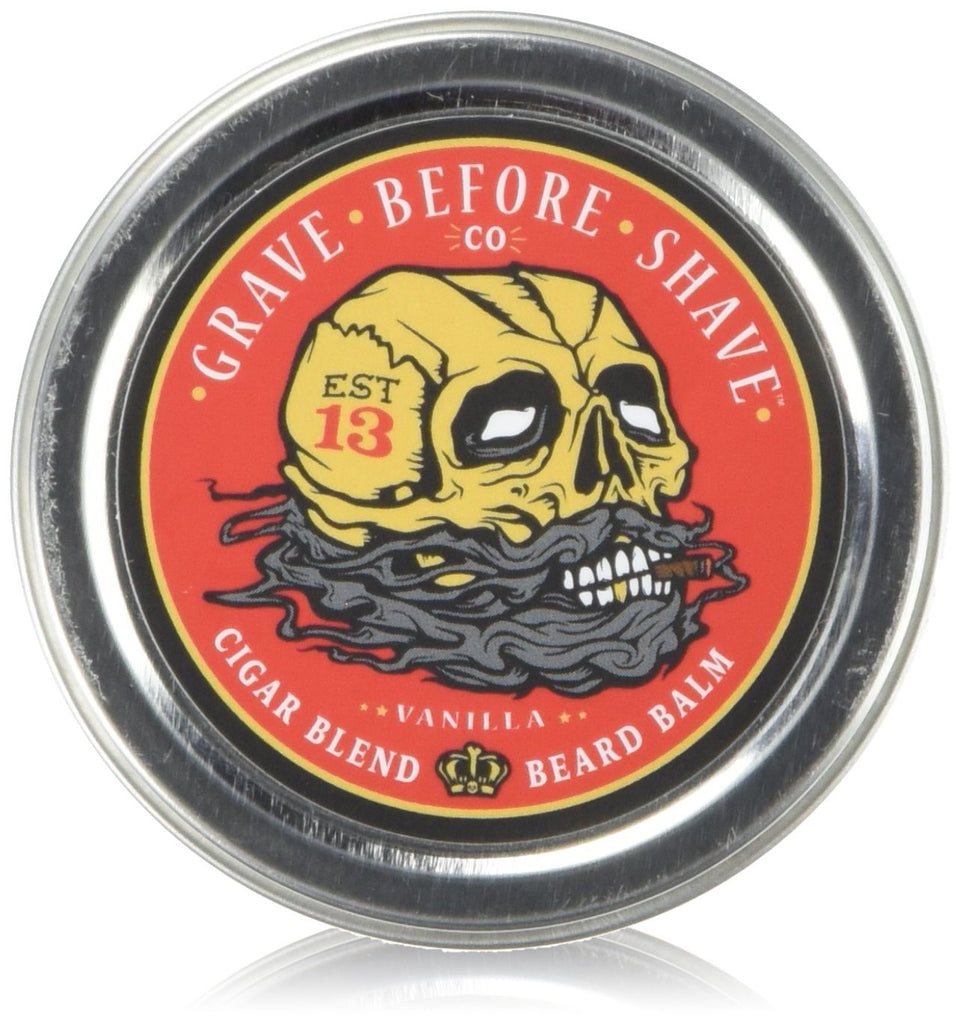 Grave Before Shave front tin showing label and 2 oz size, easy-grip packaging benefit