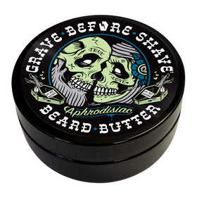 Grave Before Shave jar front view showing leather cedarwood scent and absorbent formula benefits