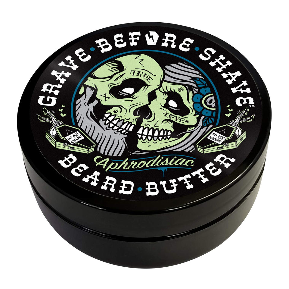 Grave Before Shave jar front view showing leather cedarwood scent and absorbent formula benefits