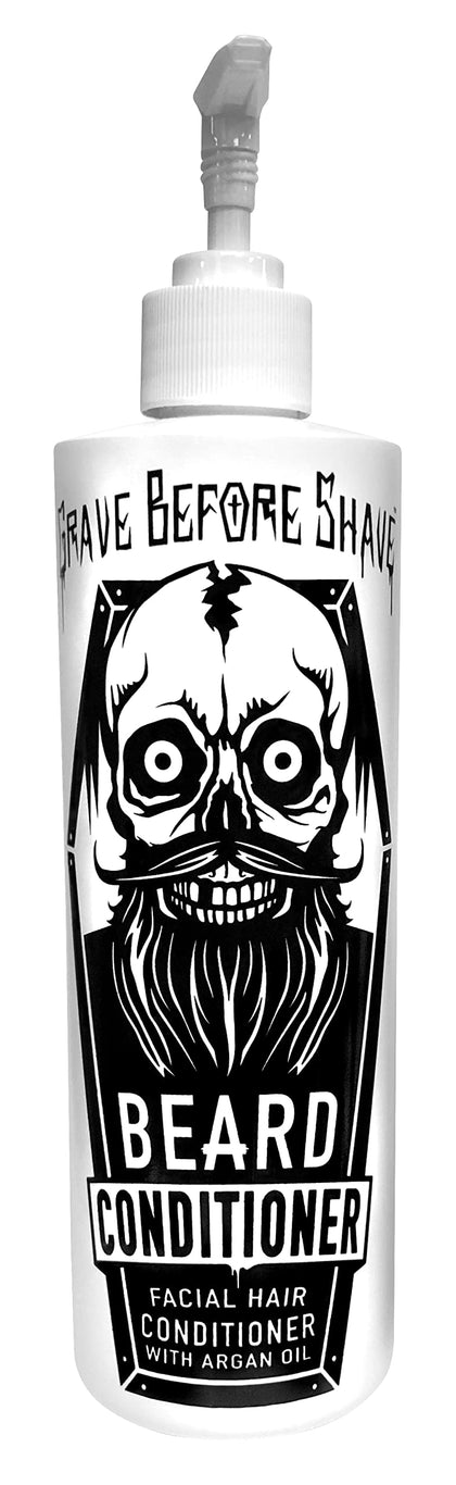 Grave Before Shave front packaging 16 oz bottle showing pump and label benefit softens beard