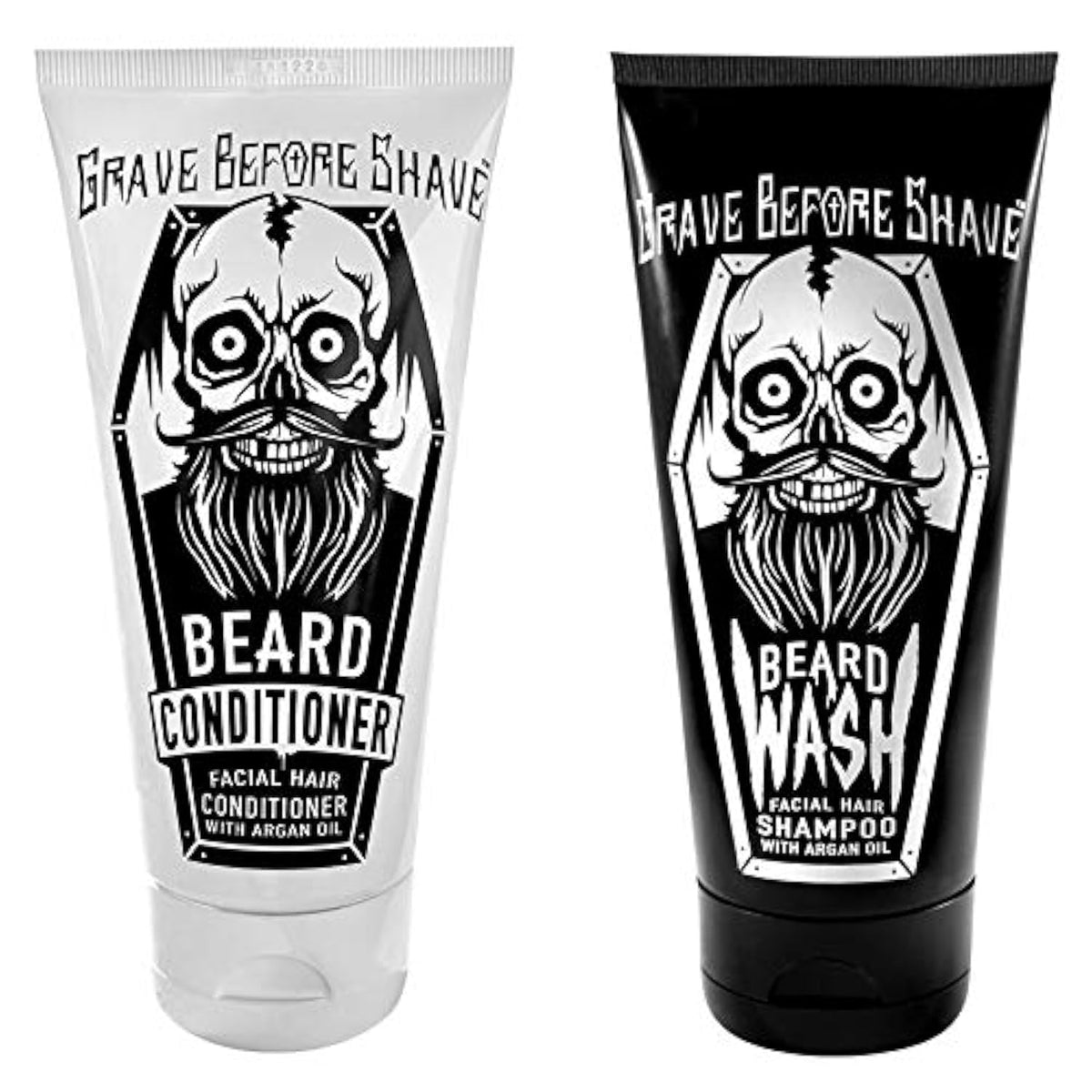 Grave Before Shave front packaging showing both bottles and labels, highlights clarity