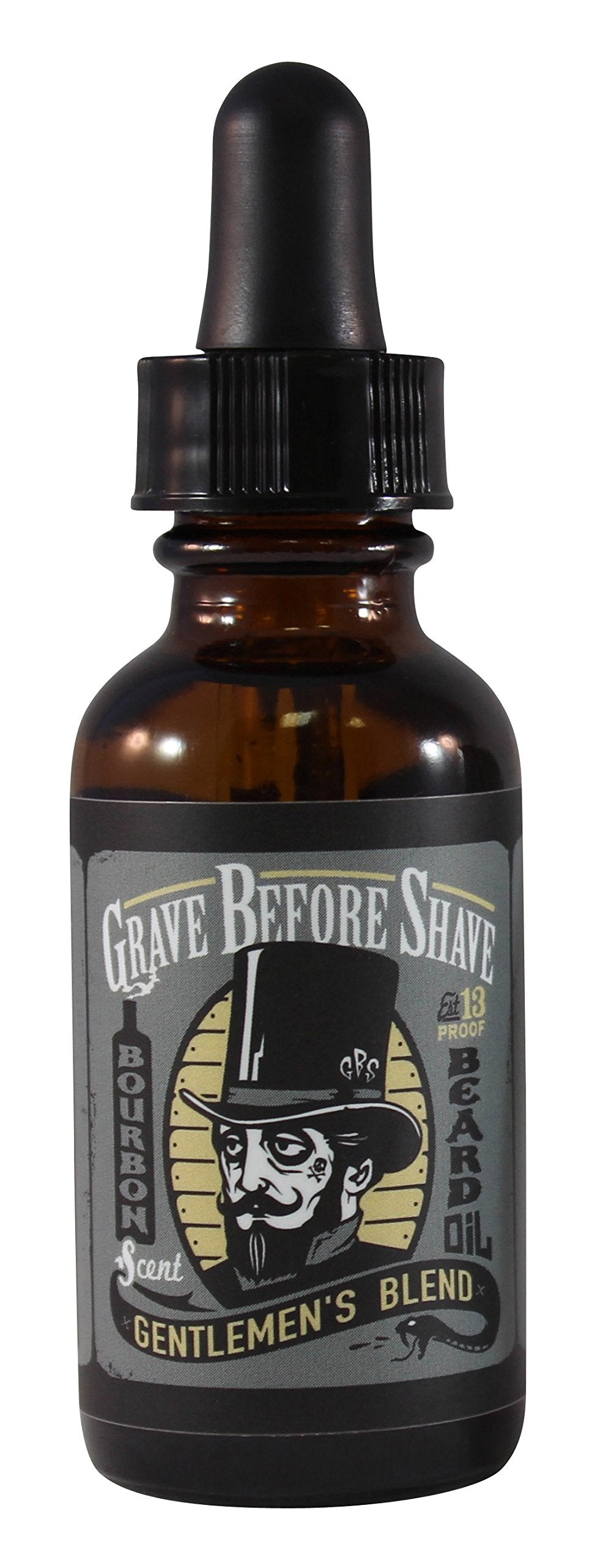 Grave Before Shave front bottle image showing bourbon sandalwood scent and dropper