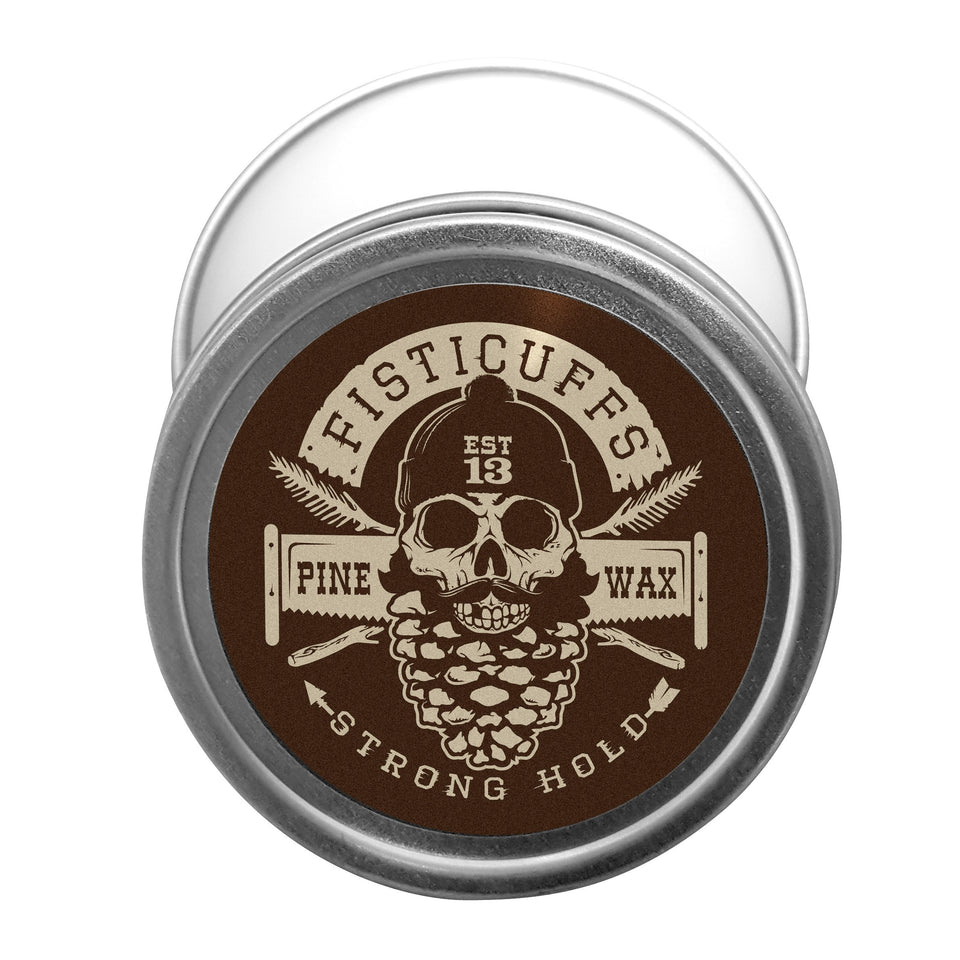 Grave Before Shave tin front view shows pine scent and strong hold, keeps mustache styled