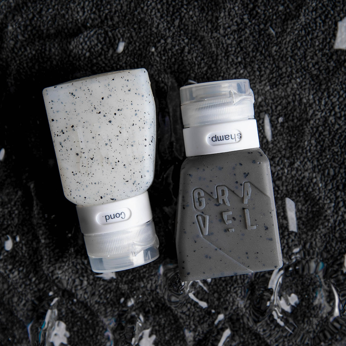 Gravel bottles nested inside a toiletry bag for compact packing