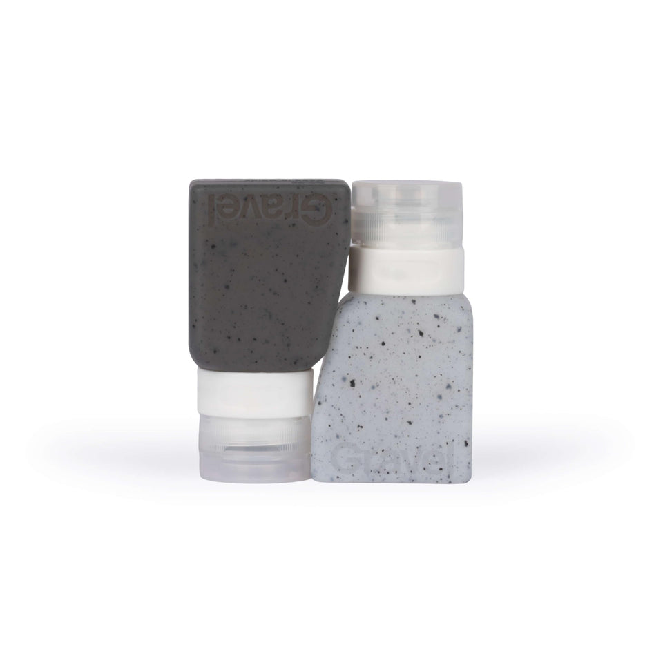 Gravel front view of two 3oz bottles showing TSA-compliant benefit