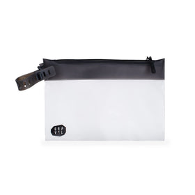Gravel pouch front view showing clear quart bag and easy airport inspection