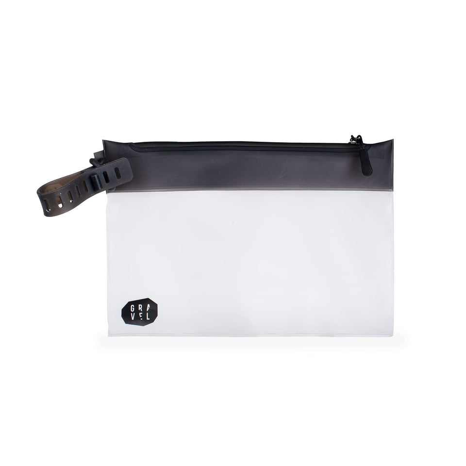 Gravel pouch front view showing clear quart bag and easy airport inspection