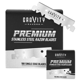GRAVITY RAZORS front packaging showing 100-count supply and brand benefit