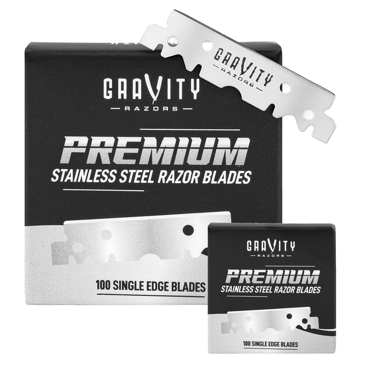 GRAVITY RAZORS front packaging showing 100-count supply and brand benefit