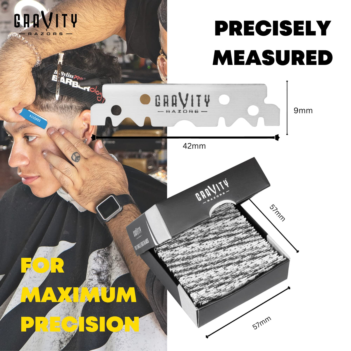 GRAVITY RAZORS blade beside coin for scale showing compact, universal size benefit