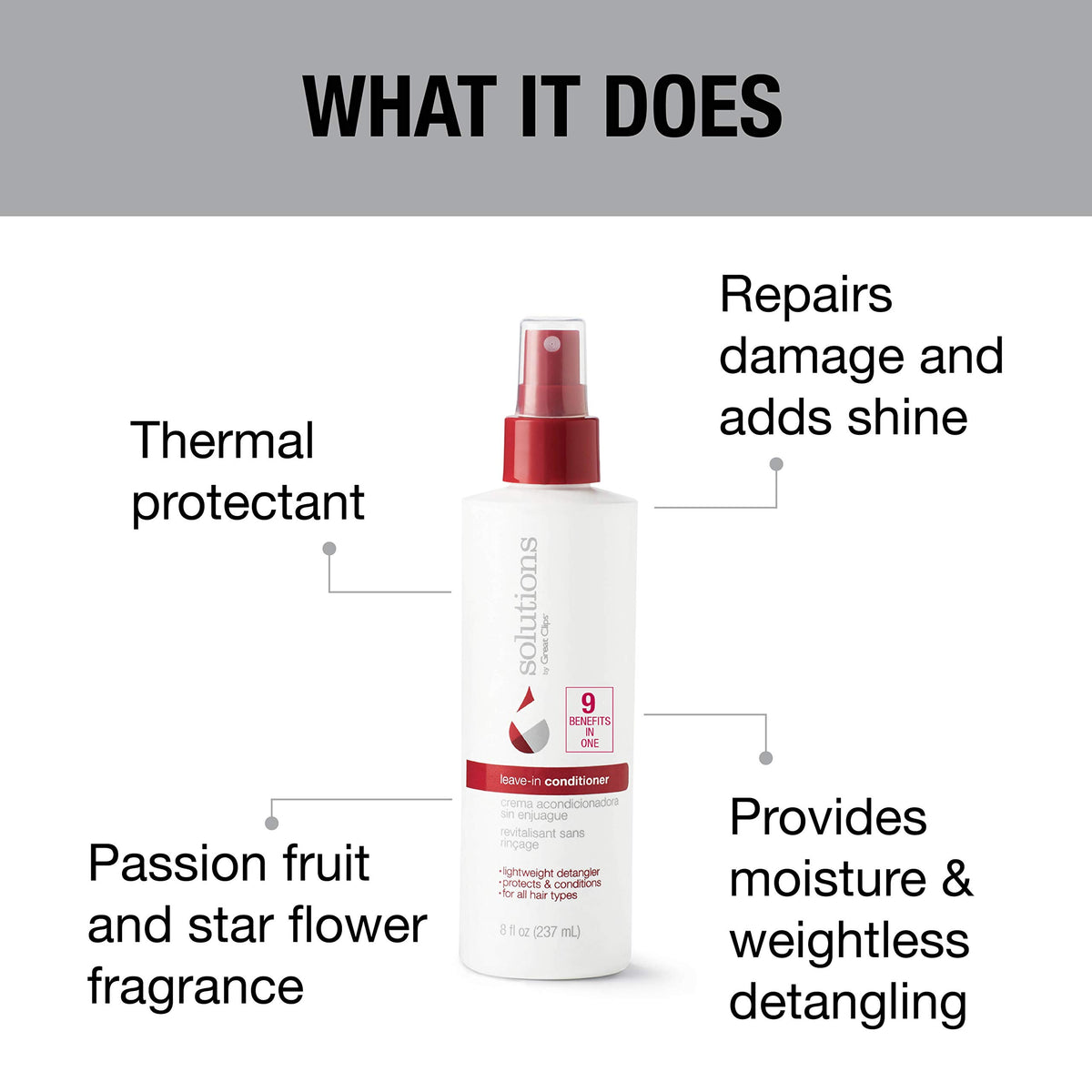 GREAT CLIPS spray in hand applying to towel-dried hair for quick detangling benefit
