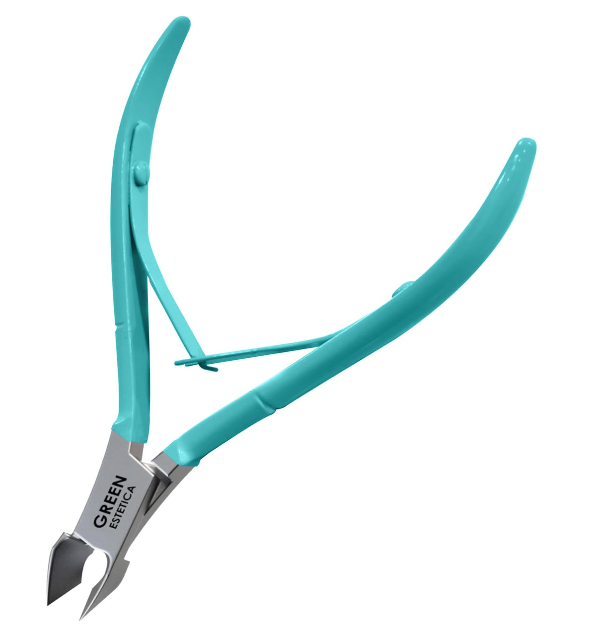 GREEN ESTETICA front view of cuticle trimmer showing overall shape and cyan color benefit