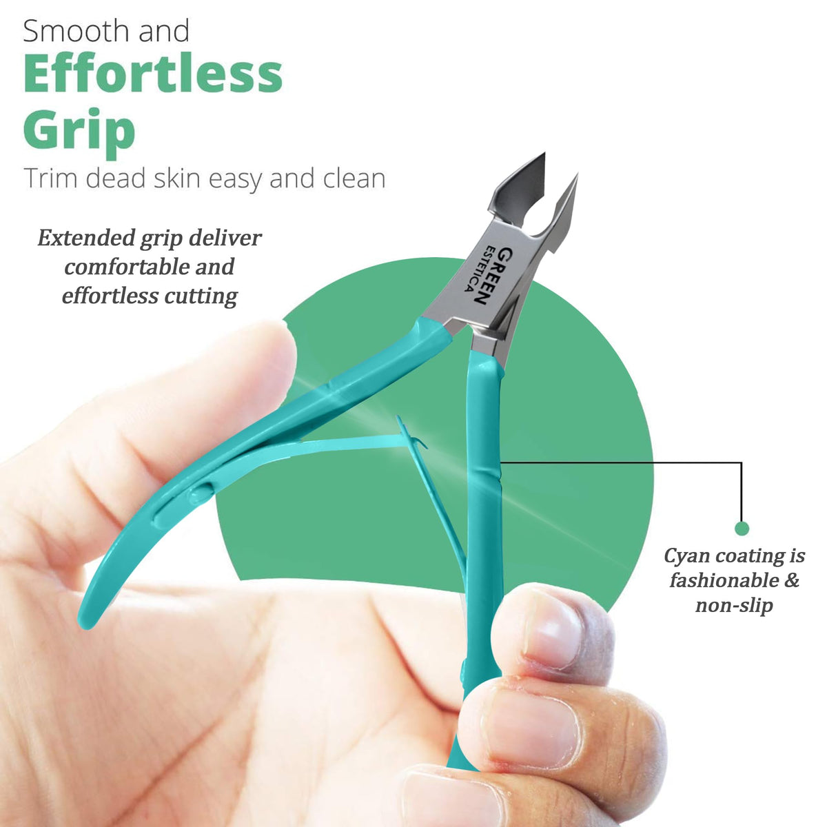GREEN ESTETICA cuticle trimmer held in hand to show scale and maneuverability benefit