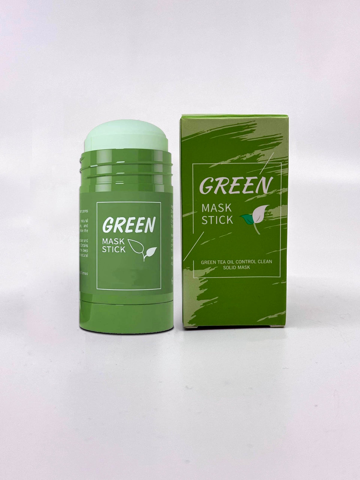 Green Mask Stick ingredients label featuring green tea and vitamin E benefits