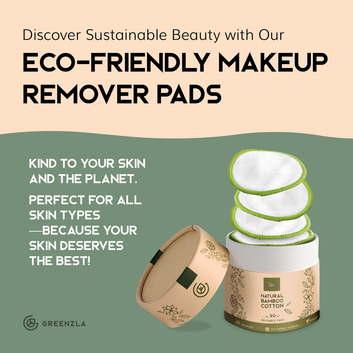 GREENZLA pads arranged on vanity with skincare, promotes sustainable routine benefit
