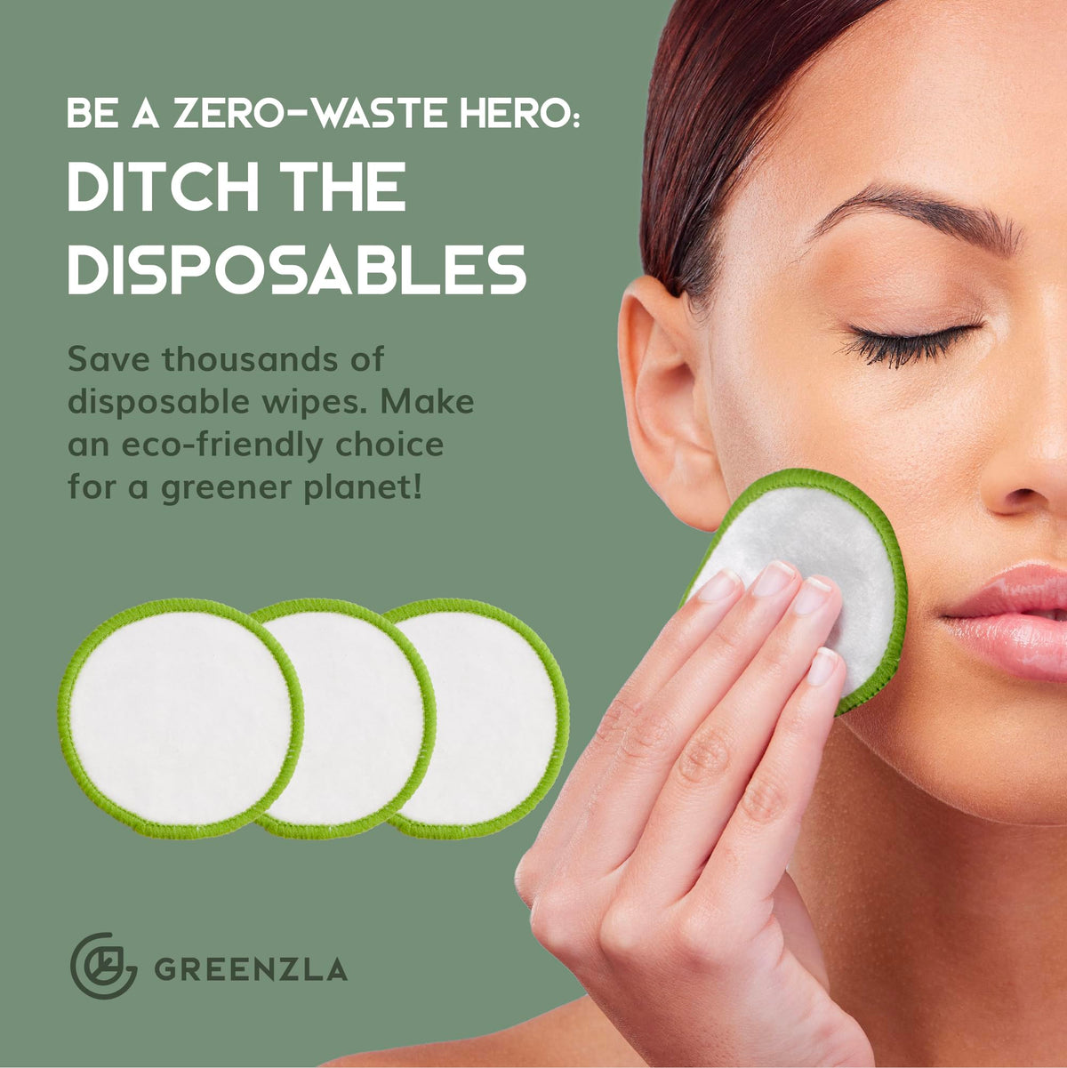 GREENZLA pads neatly stacked in round storage box, keeps vanity organized benefit