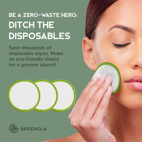 GREENZLA pads neatly stacked in round storage box, keeps vanity organized benefit