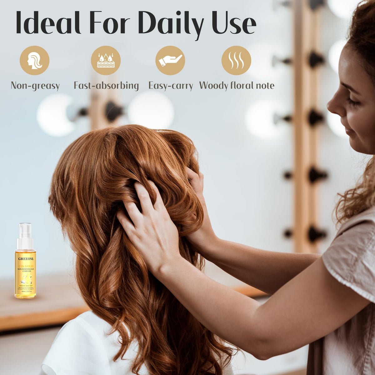 GREEONIL working into damp hair depicting improved manageability and styling readiness