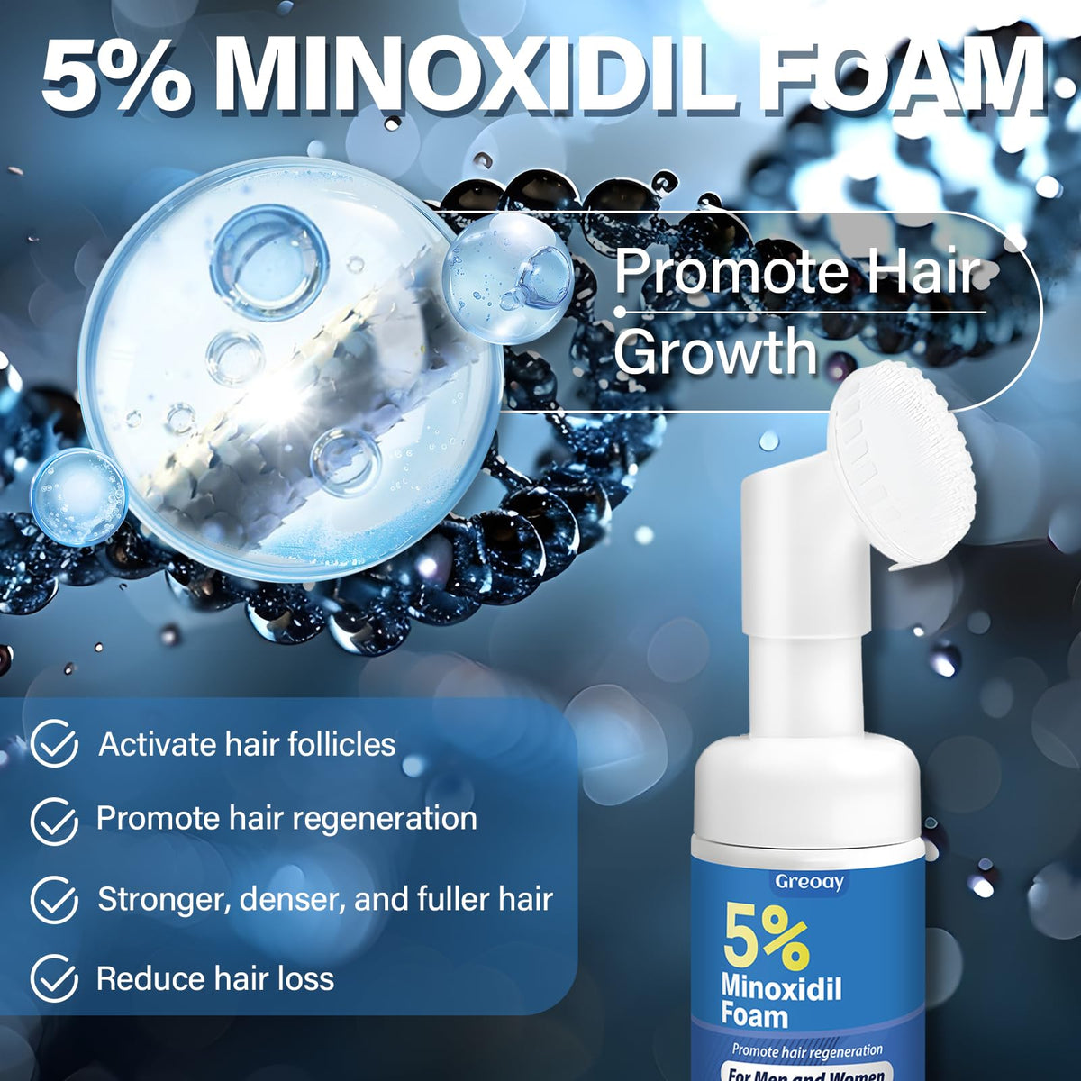 Greoay bottle label detail highlighting 5% minoxidil concentration