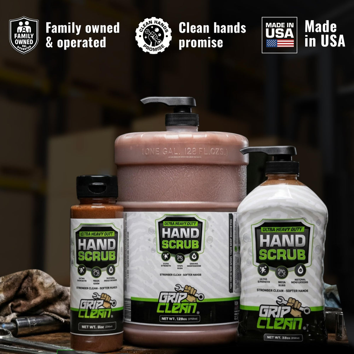 Grip Clean bottle placed in workshop setting showing professional shop readiness