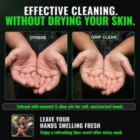 Grip Clean bottle placed next to mechanic tools emphasizing shop-ready cleaning power