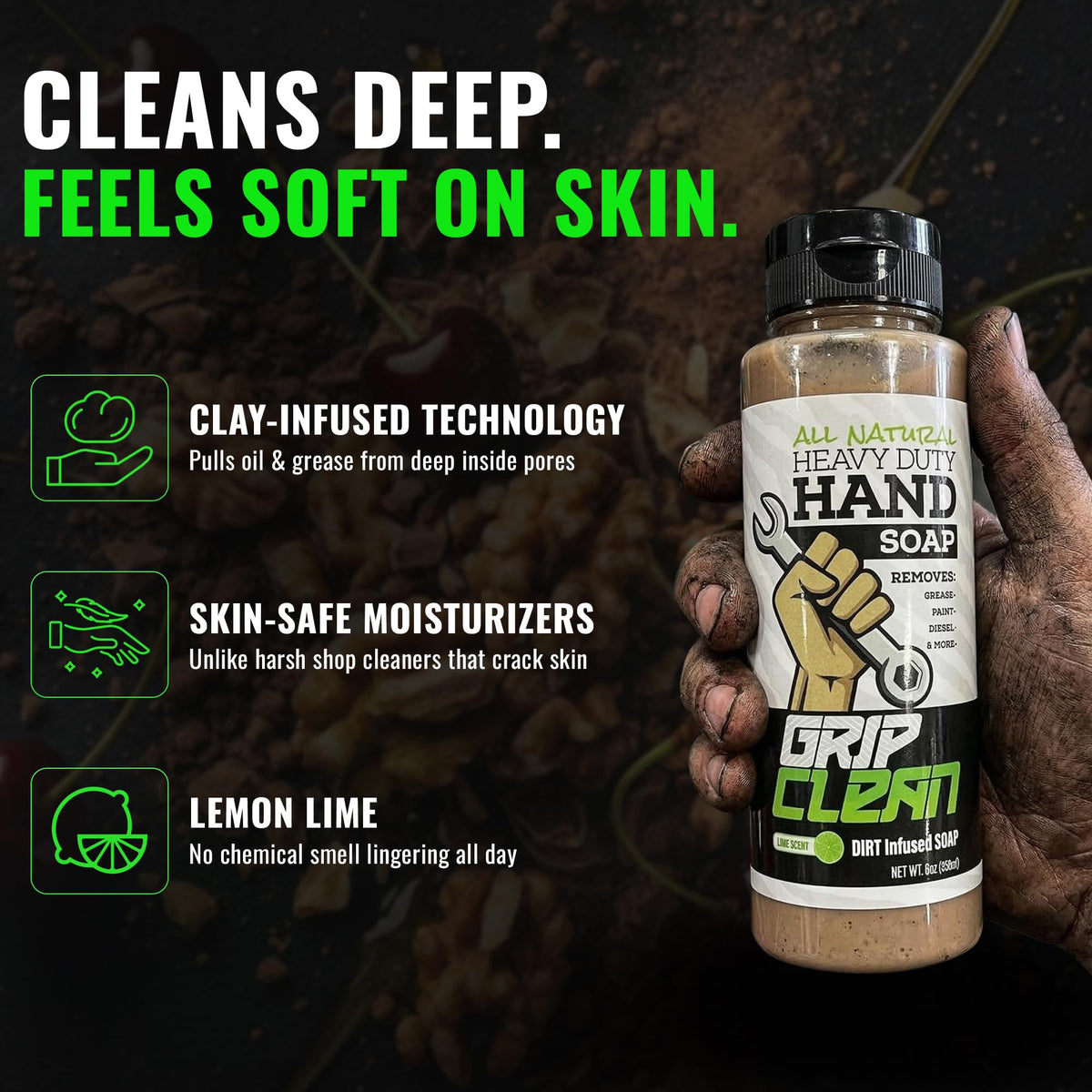 Grip Clean clay-infused cream swirls highlighting oil-absorbing bentonite clay