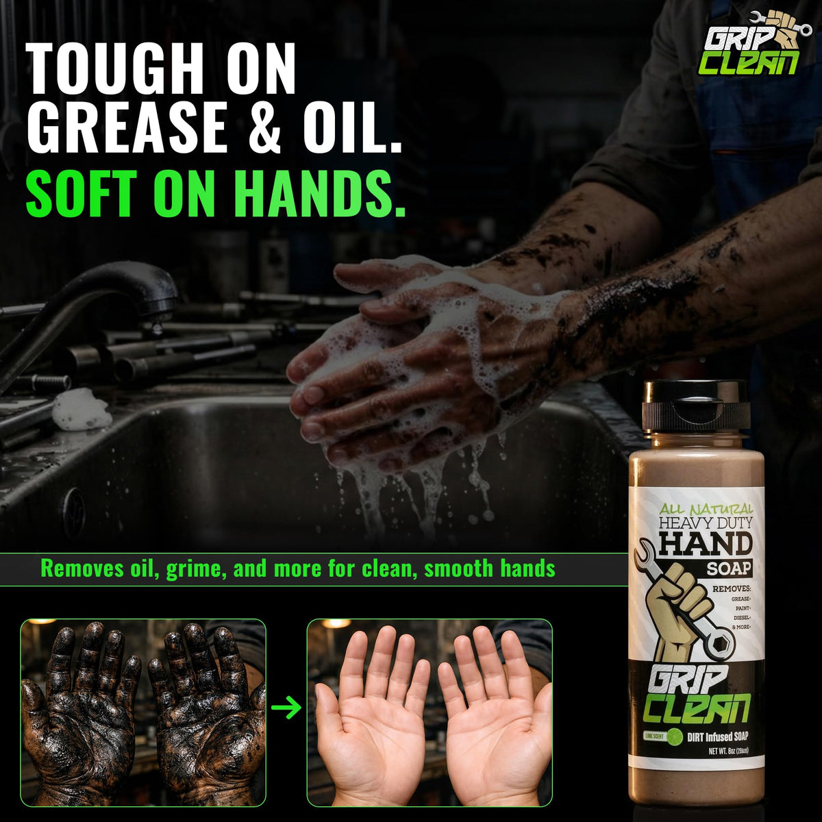 Grip Clean close-up pumice texture exfoliating dirt for effective grime removal