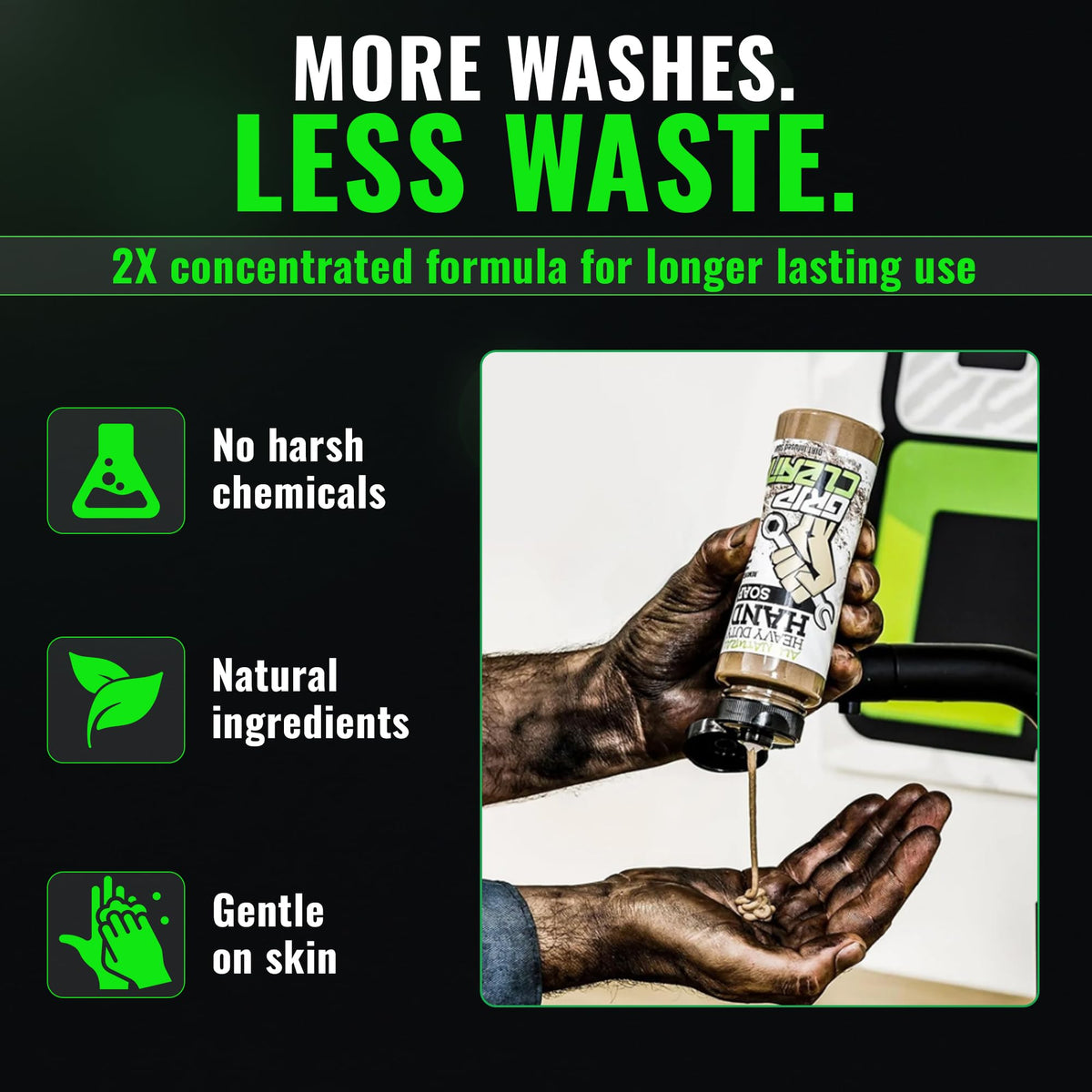Grip Clean foam lather on palms demonstrating concentrated suds for efficient cleaning