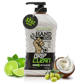Grip Clean front packaging showing 32oz bottle and clear branding benefit: heavy-duty clean