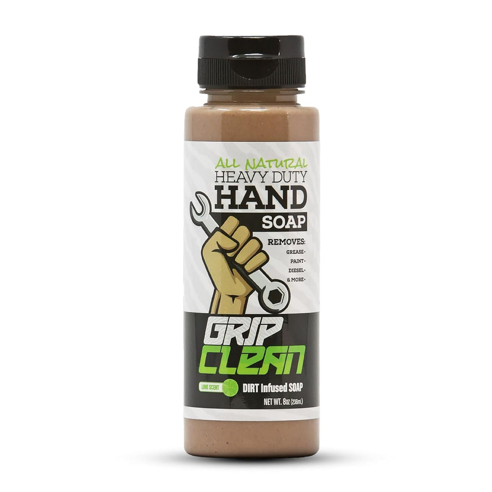 Grip Clean front packaging 8 oz bottle showing product and benefit of tough cleaning