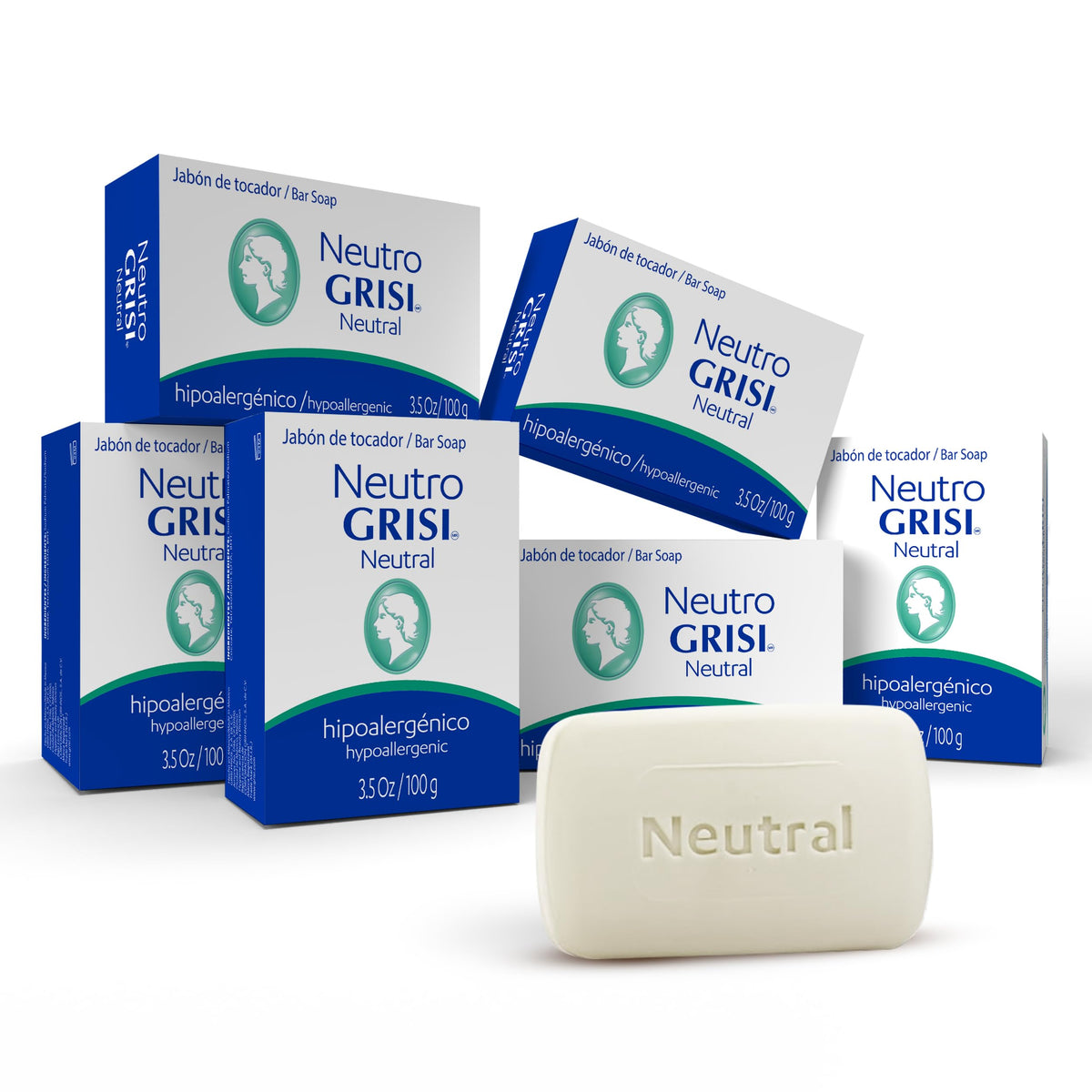 Grisi front packaging showing six fragrance-free bars and clear labeling for sensitive skin