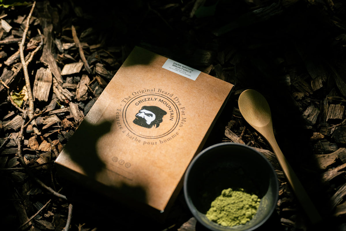 Grizzly Mountain Beard Dye kit contents layout showing 100g dye and 30g base for value